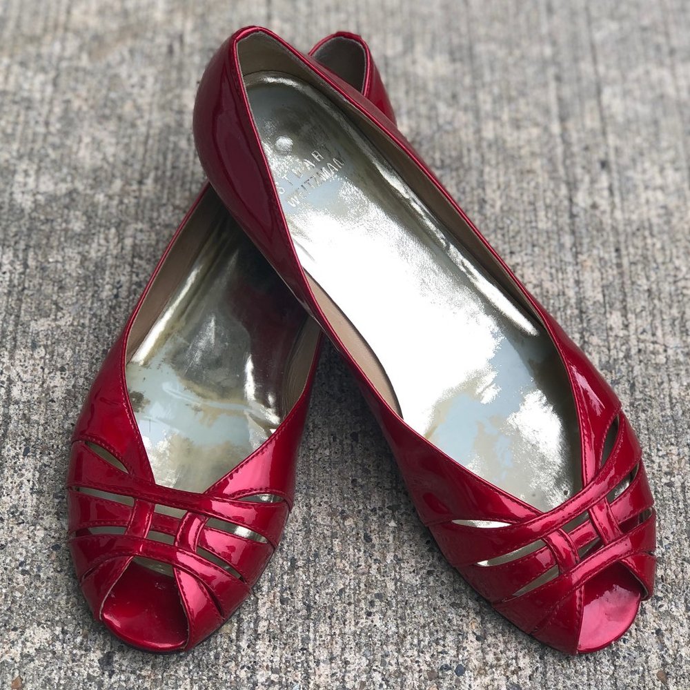 Stuart Weitzman Red Patent Leather Peep Toe Flat